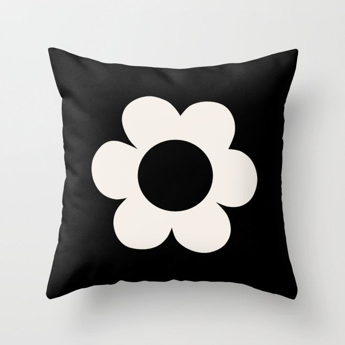 La Fleur | 06 - Retro Floral Print Black And White Flower Throw Pillow