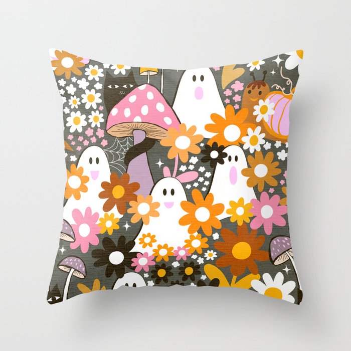 Whimsy Halloween Retro Cats And Ghosts Cottagecore Garden Party - Black Orange Pink Throw Pillow