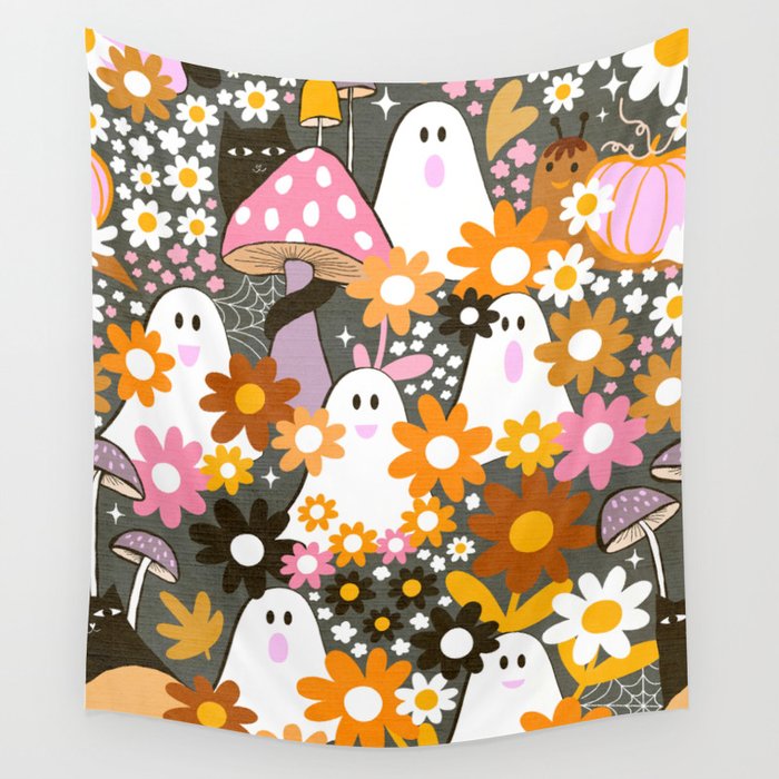 Whimsy Halloween Retro Cats And Ghosts Cottagecore Garden Party - Black Orange Pink Wall Tapestry