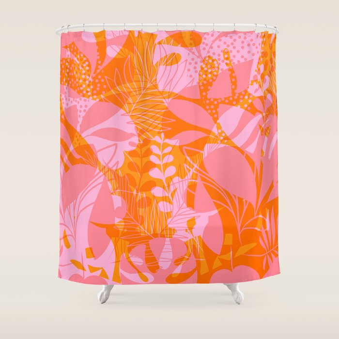Tropical Jungle Pattern - Orange & Pink Shower Curtain