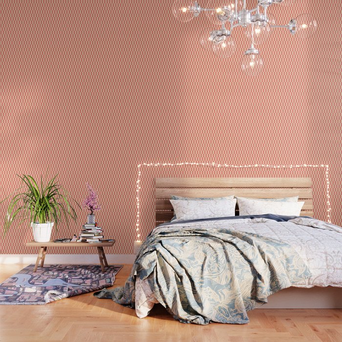 Narrow Check Pattern - Retro Coral And Cream Wallpaper