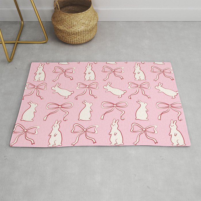 Ribbon Bows And Bunnies In Red, Pink And White Rug