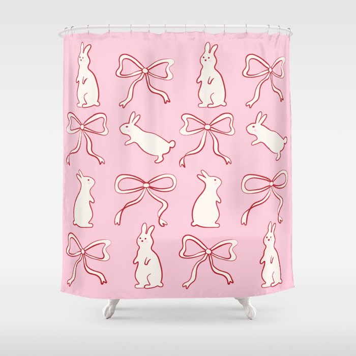 Ribbon Bows And Bunnies In Red, Pink And White Shower Curtain