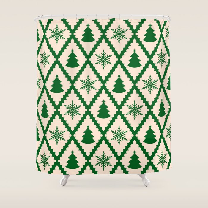 Festive Christmas Check In Green & Off White Shower Curtain