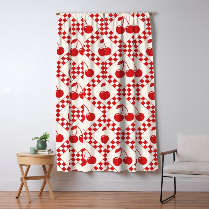 Red Cherries & Beige Checker Window Curtain