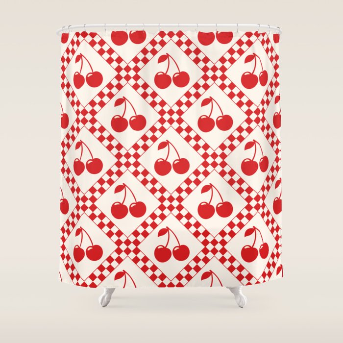 Red Cherries & Beige Checker Shower Curtain