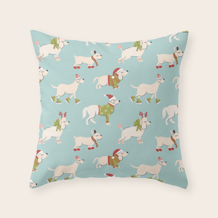 Retro Christmas - Winter Dogs Throw Pillow