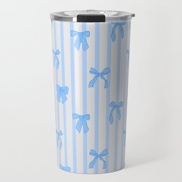Elegant Blue Bows And Stripes Pattern Travel Mug