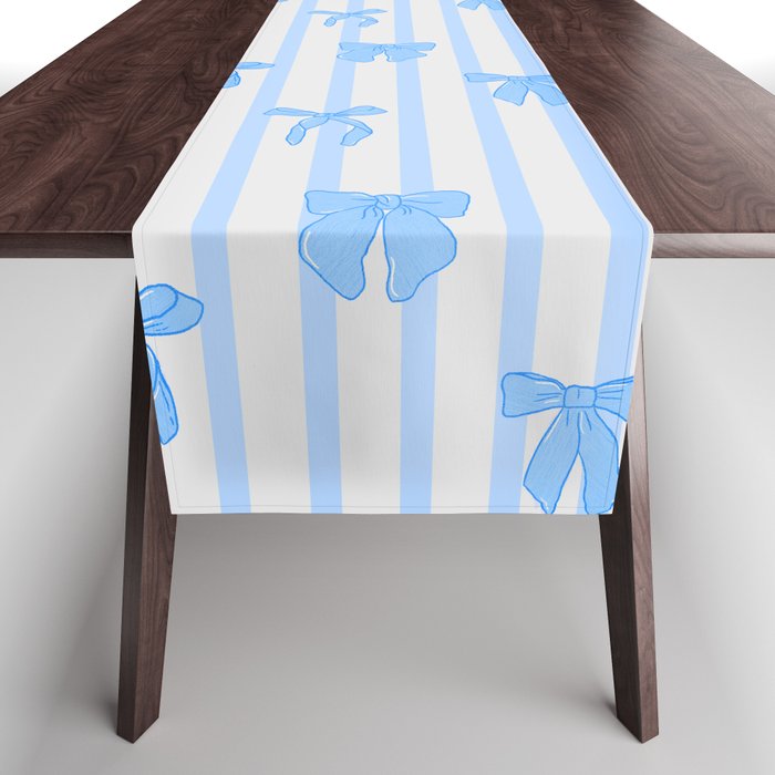 Elegant Blue Bows And Stripes Pattern Table Runner