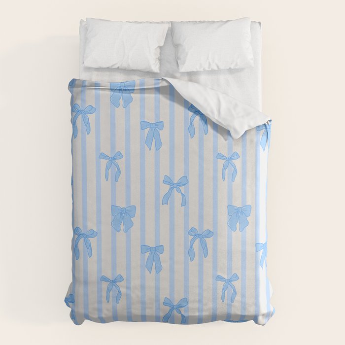 Elegant Blue Bows And Stripes Pattern Duvet Cover