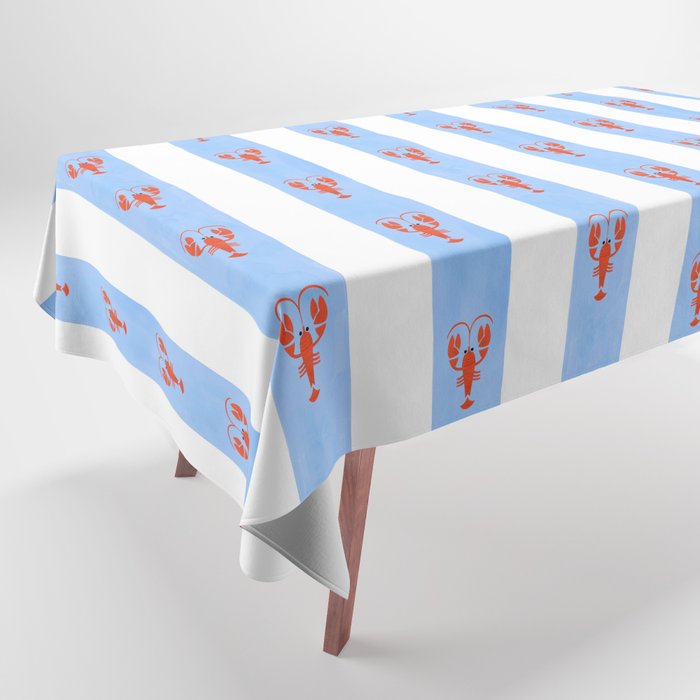 Red Lobsters On Hand-Painted Bright Blue Stripes Tablecloth