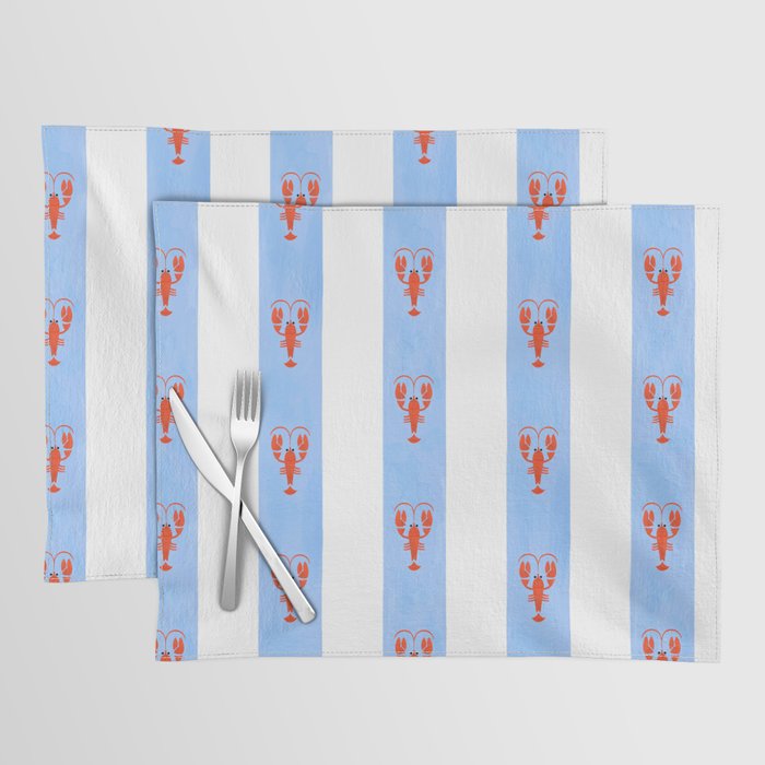 Red Lobsters On Hand-Painted Bright Blue Stripes Placemat