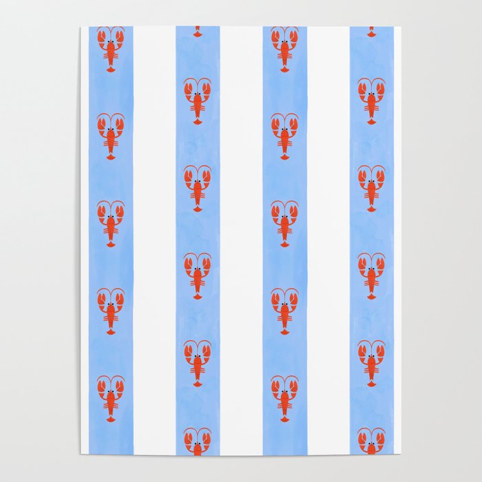 Red Lobsters On Hand-Painted Bright Blue Stripes Poster