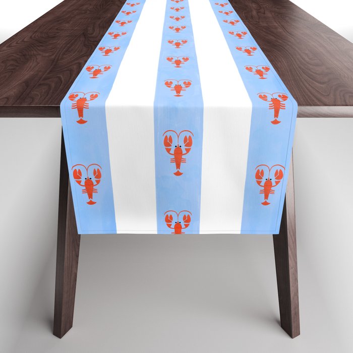 Red Lobsters On Hand-Painted Bright Blue Stripes Table Runner