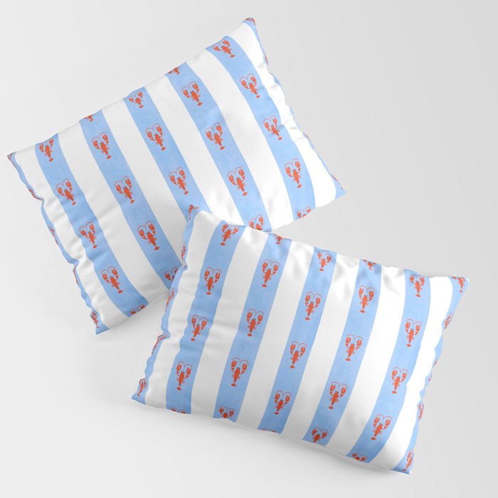 Red Lobsters On Hand-Painted Bright Blue Stripes Pillow Sham