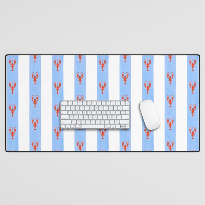Red Lobsters On Hand-Painted Bright Blue Stripes Desk Mat