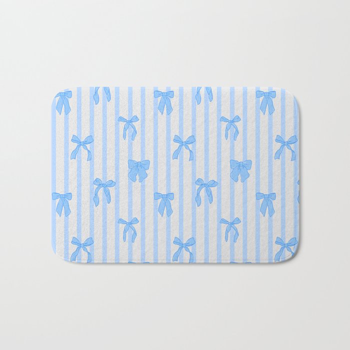 Elegant Blue Bows And Stripes Pattern Bath Mat