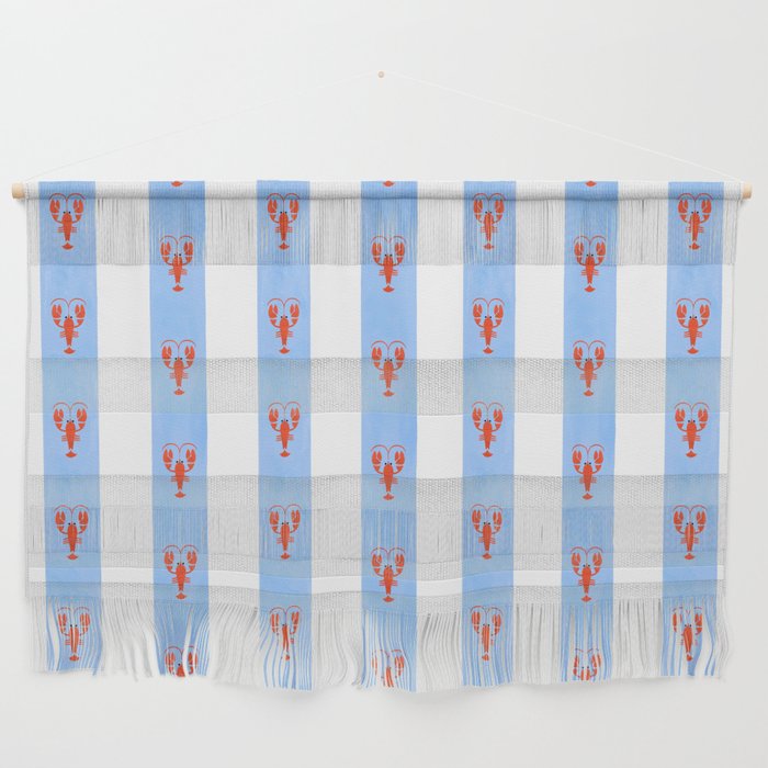 Red Lobsters On Hand-Painted Bright Blue Stripes Wall Hanging