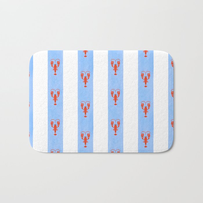 Red Lobsters On Hand-Painted Bright Blue Stripes Bath Mat