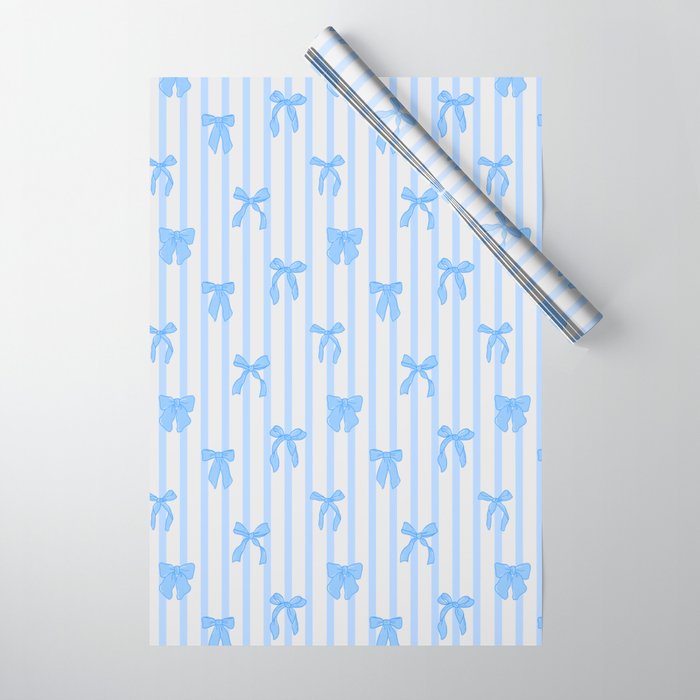 Elegant Blue Bows And Stripes Pattern Wrapping Paper