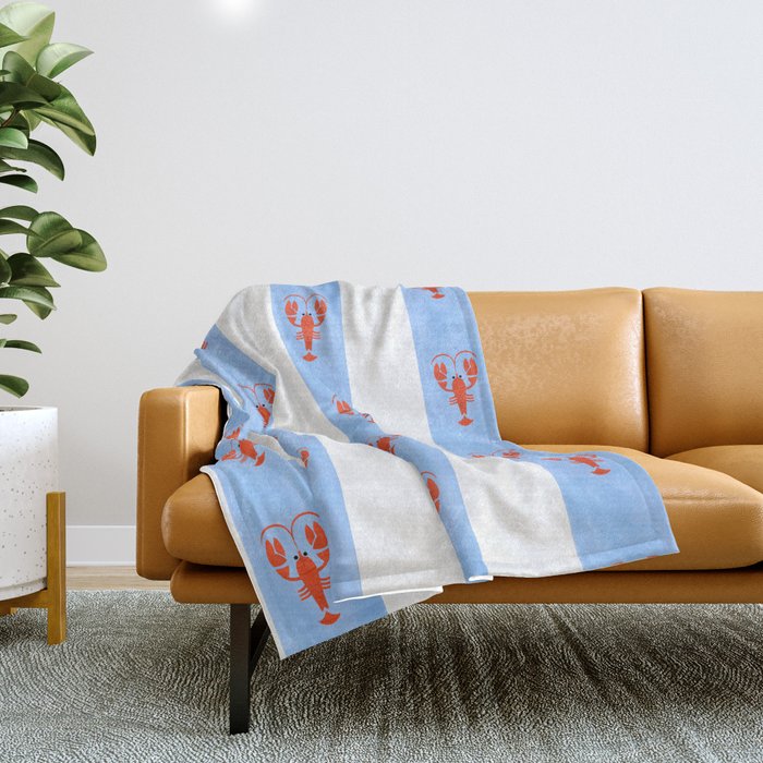 Red Lobsters On Hand-Painted Bright Blue Stripes Throw Blanket