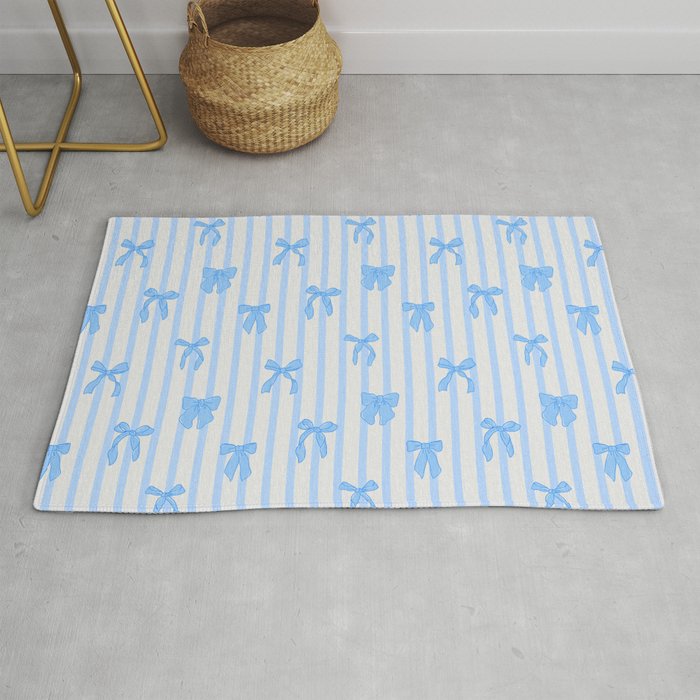 Elegant Blue Bows And Stripes Pattern Rug