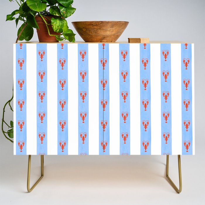 Red Lobsters On Hand-Painted Bright Blue Stripes Credenza