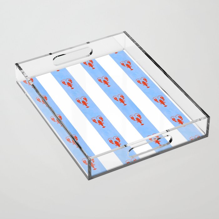 Red Lobsters On Hand-Painted Bright Blue Stripes Acrylic Tray