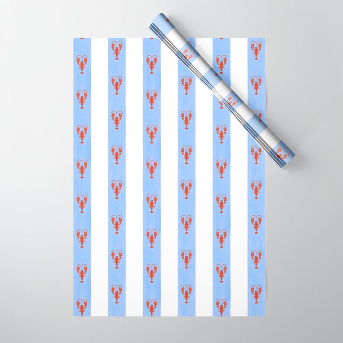 Red Lobsters On Hand-Painted Bright Blue Stripes Wrapping Paper