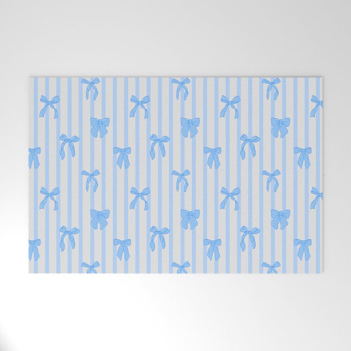 Elegant Blue Bows And Stripes Pattern Welcome Mat
