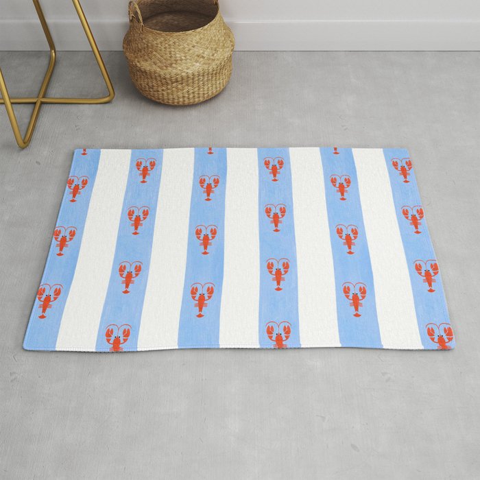 Red Lobsters On Hand-Painted Bright Blue Stripes Rug
