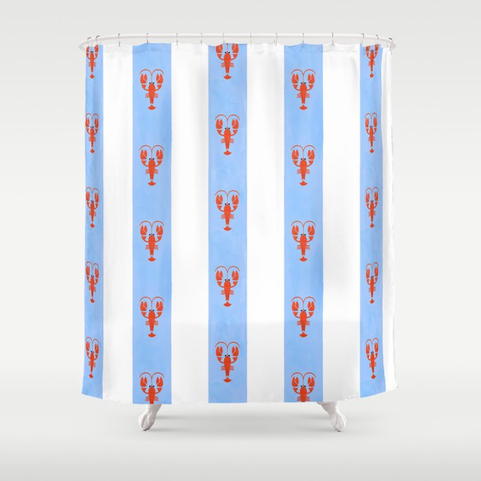 Red Lobsters On Hand-Painted Bright Blue Stripes Shower Curtain