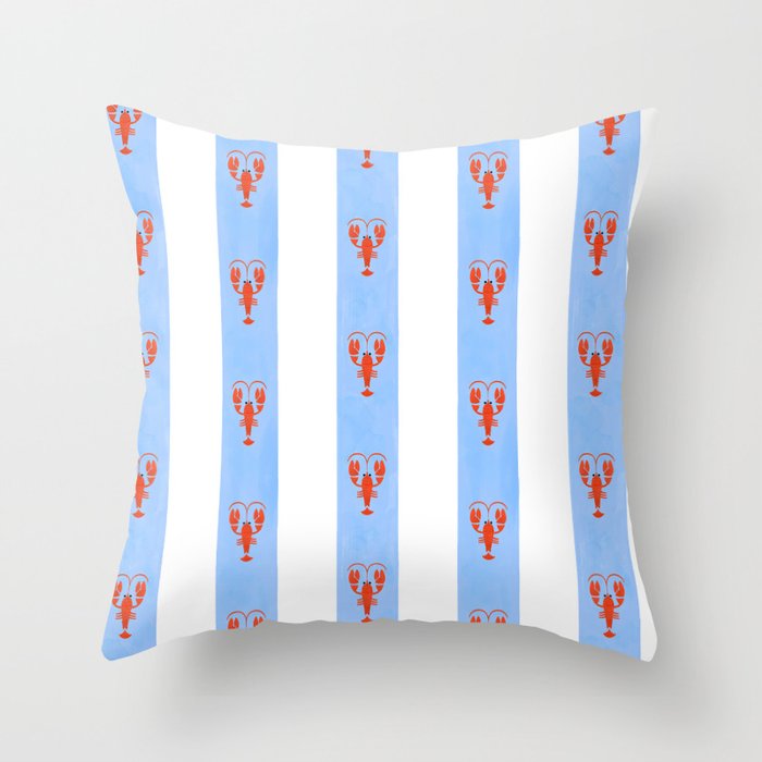 Red Lobsters On Hand-Painted Bright Blue Stripes Throw Pillow