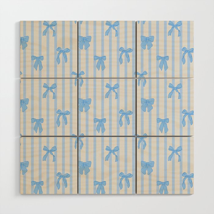 Elegant Blue Bows And Stripes Pattern Wood Wall Art