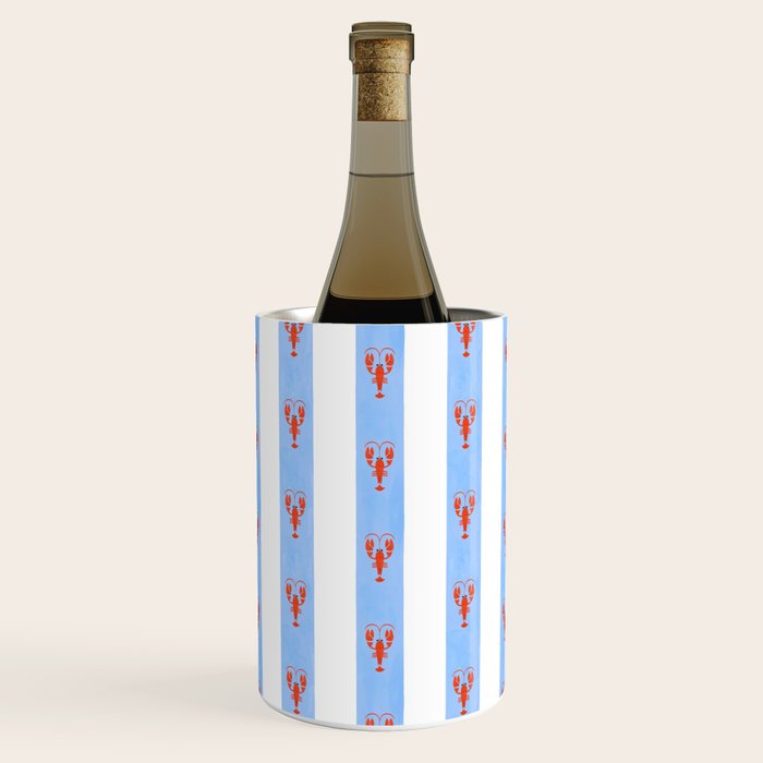 Red Lobsters On Hand-Painted Bright Blue Stripes Wine Chiller