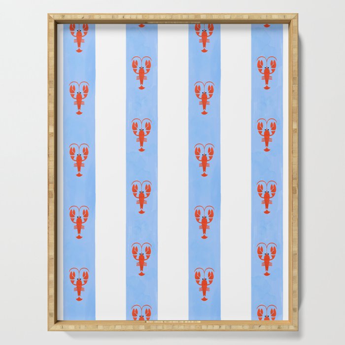 Red Lobsters On Hand-Painted Bright Blue Stripes Serving Tray