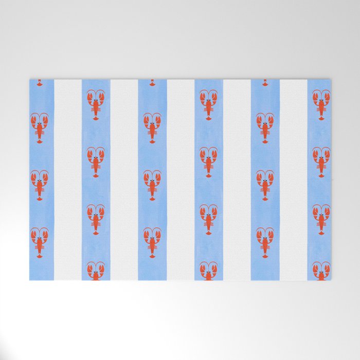 Red Lobsters On Hand-Painted Bright Blue Stripes Welcome Mat
