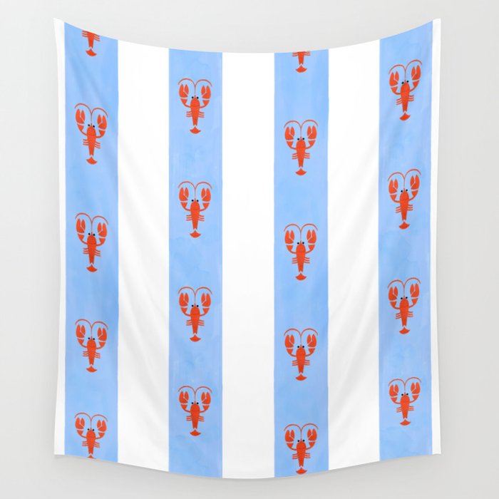 Red Lobsters On Hand-Painted Bright Blue Stripes Wall Tapestry