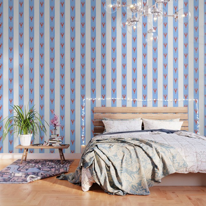 Red Lobsters On Hand-Painted Bright Blue Stripes Wallpaper