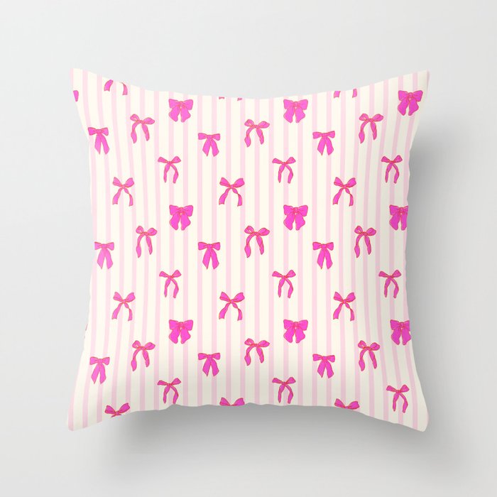 Classic Hot Pink Bows And Stripes Throw Pillow