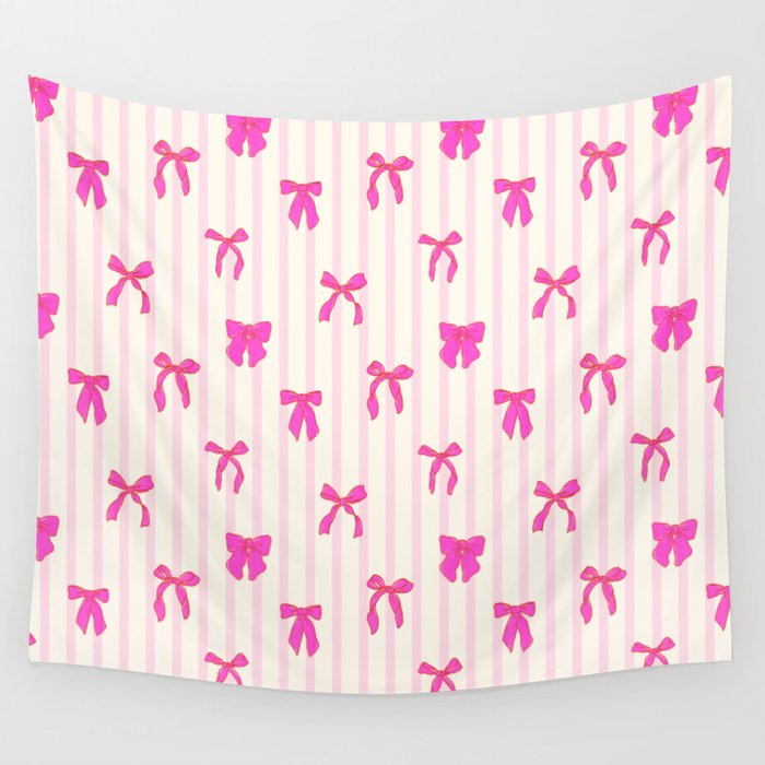 Classic Hot Pink Bows And Stripes Wall Tapestry