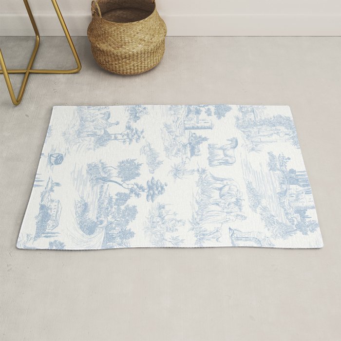 Toile De Jouy Vintage French Soft Baby Blue White Pastoral Pattern Rug