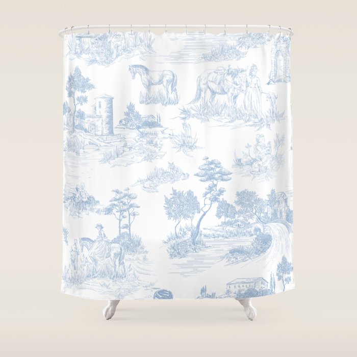 Toile De Jouy Vintage French Soft Baby Blue White Pastoral Pattern Shower Curtain