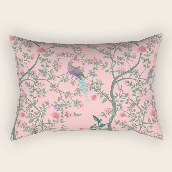 Chinoiserie Pink Fresco Floral Garden Birds Oriental Botanical Rectangular Pillow