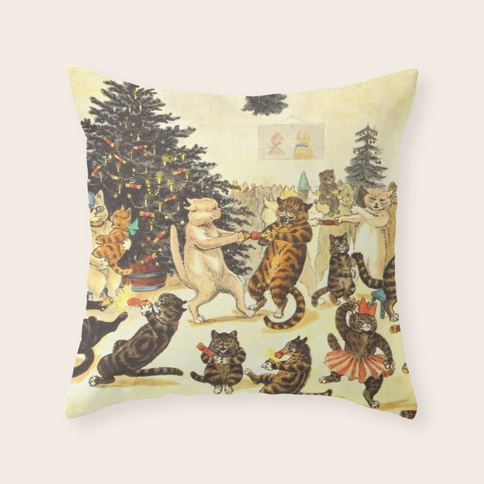 'Christmas Party Cats' By Louis Wain Vintage Cat Art Throw Pillow