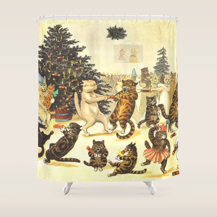 'Christmas Party Cats' By Louis Wain Vintage Cat Art Shower Curtain