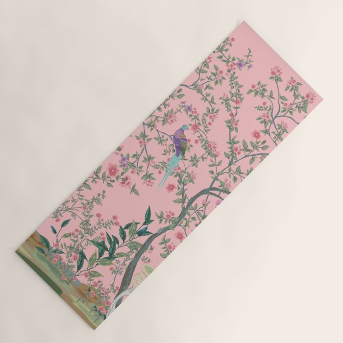 Chinoiserie Pink Fresco Floral Garden Birds Oriental Botanical Yoga Mat