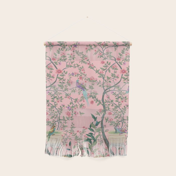 Chinoiserie Pink Fresco Floral Garden Birds Oriental Botanical Wall Hanging