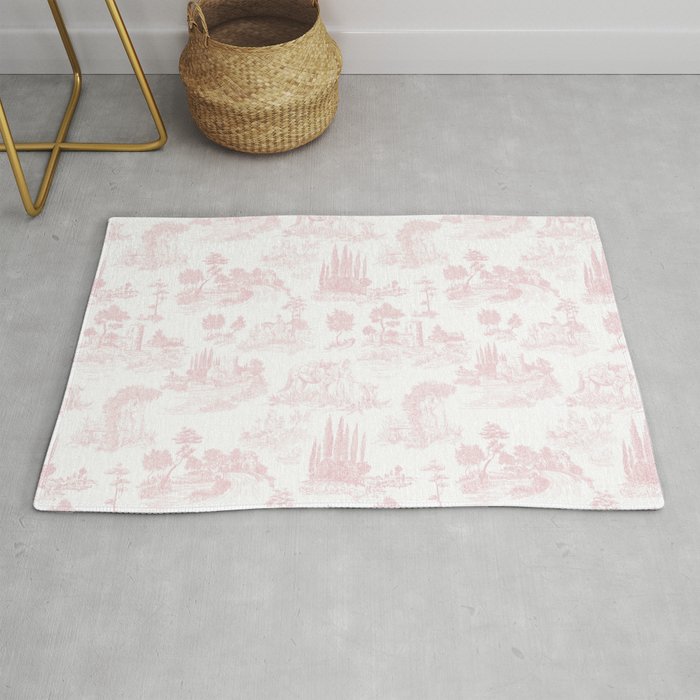 Toile De Jouy Vintage French Romantic Pastoral Baby Pink & White Rug