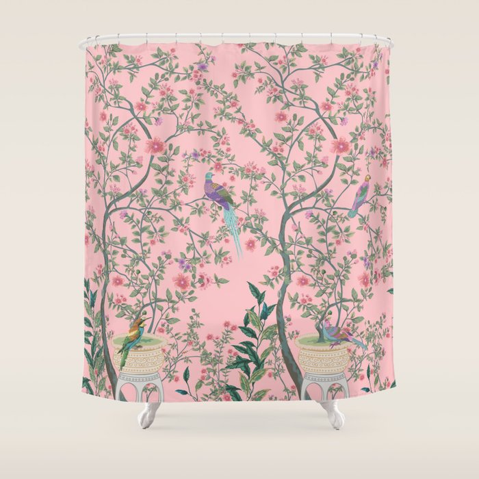 Chinoiserie Pink Fresco Floral Garden Birds Oriental Botanical Shower Curtain